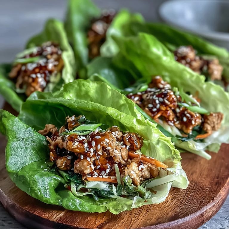 Crisp Potsticker Noodle Lettuce Cups topped with herbs, served on a white plate for a low-carb dinner.