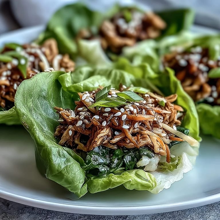 Turkey and noodle filling spiced with ginger and garlic, nestled in soft butter lettuce leaves for handheld bites.