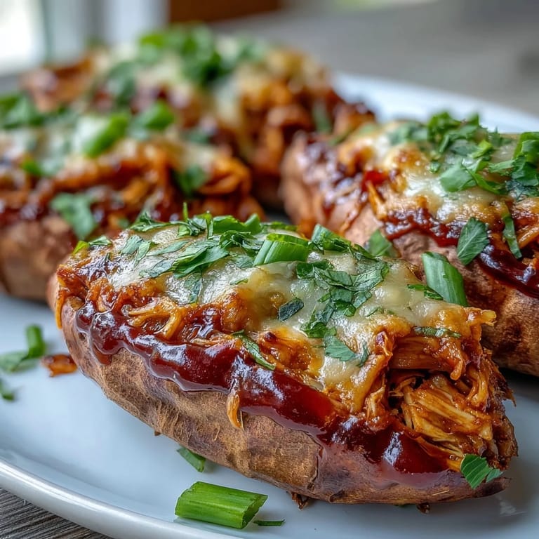 Two stuffed sweet potatoes with smoky honey BBQ chicken and melty cheese rest on a wooden board, garnished with fresh cilantro.