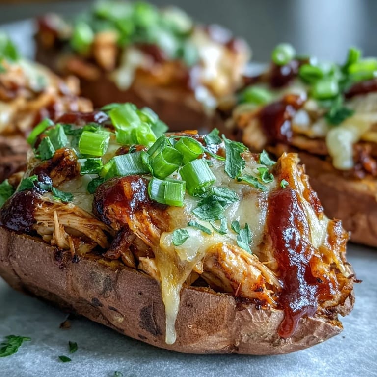 Freshly baked Honey BBQ Chicken Stuffed Sweet Potatoes served on a plate, drizzled with extra sauce and garnished with herbs.
