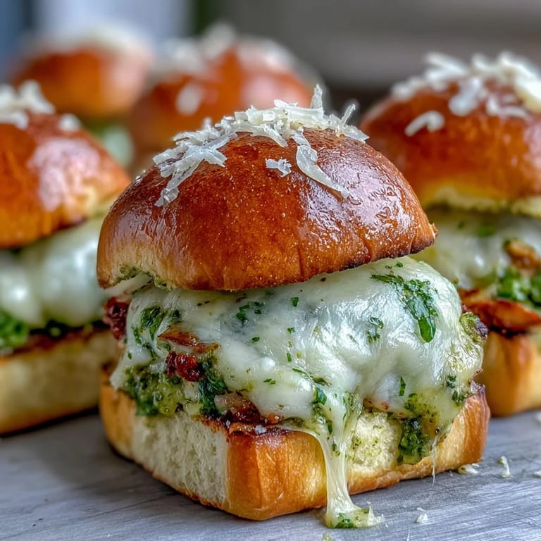 Freshly baked mini sliders with melted mozzarella and pesto chicken filling, served on a rustic platter.