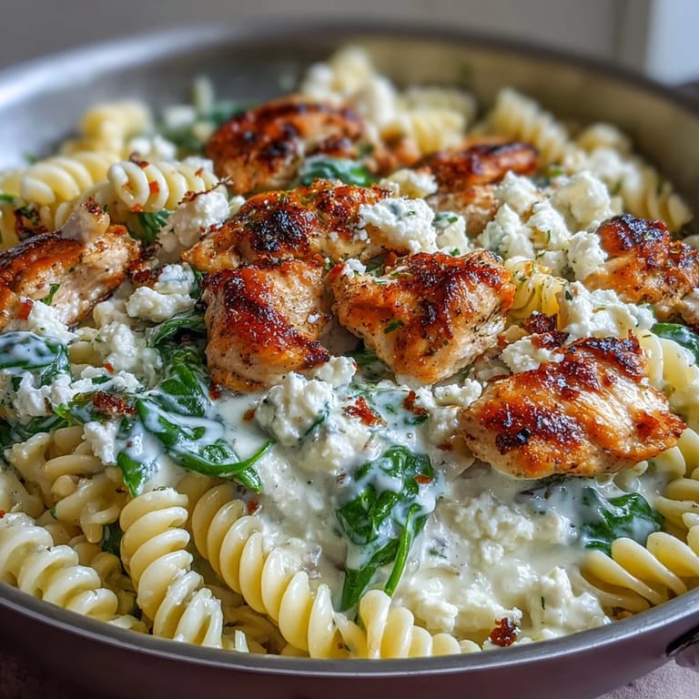 A rustic skillet of Greek Chicken Feta Pasta Skillet with tender chicken, vibrant spinach, and a creamy sauce ready to serve.