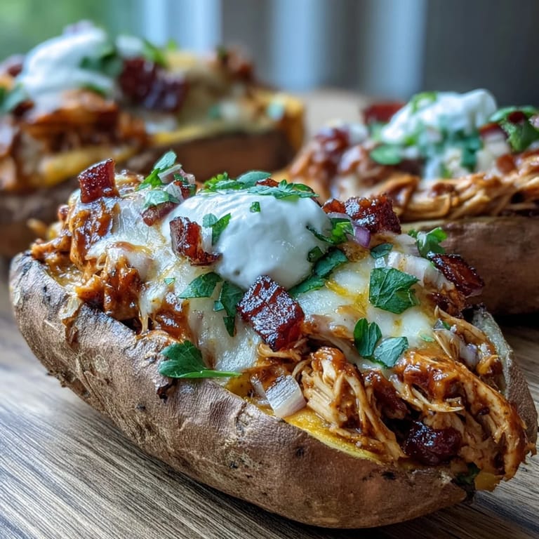 Crisp roasted sweet potato halves stuffed with tender chicken in sweet and tangy honey BBQ sauce, topped with sour cream.