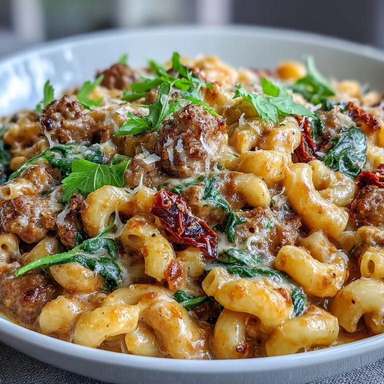 Freshly prepared Creamy Tuscan Chili Mac topped with grated Parmesan and herbs, served hot from the Dutch oven.
