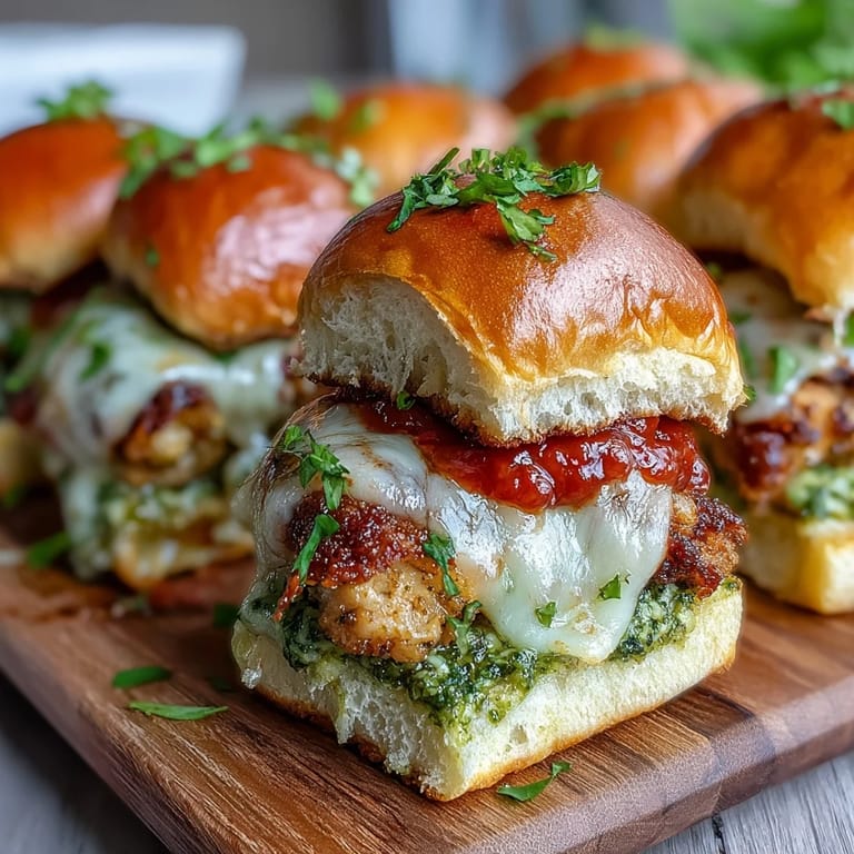 Fresh parsley garnishes these bite-sized Pesto Chicken Parmesan Sliders, ideal for a casual party appetizer tray.