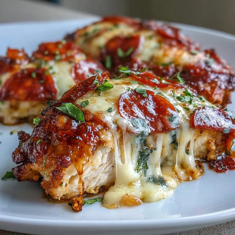 Sizzling Keto Pepperoni Pizza Chicken Bake fresh from the oven, layered with rich marinara and pepperoni.