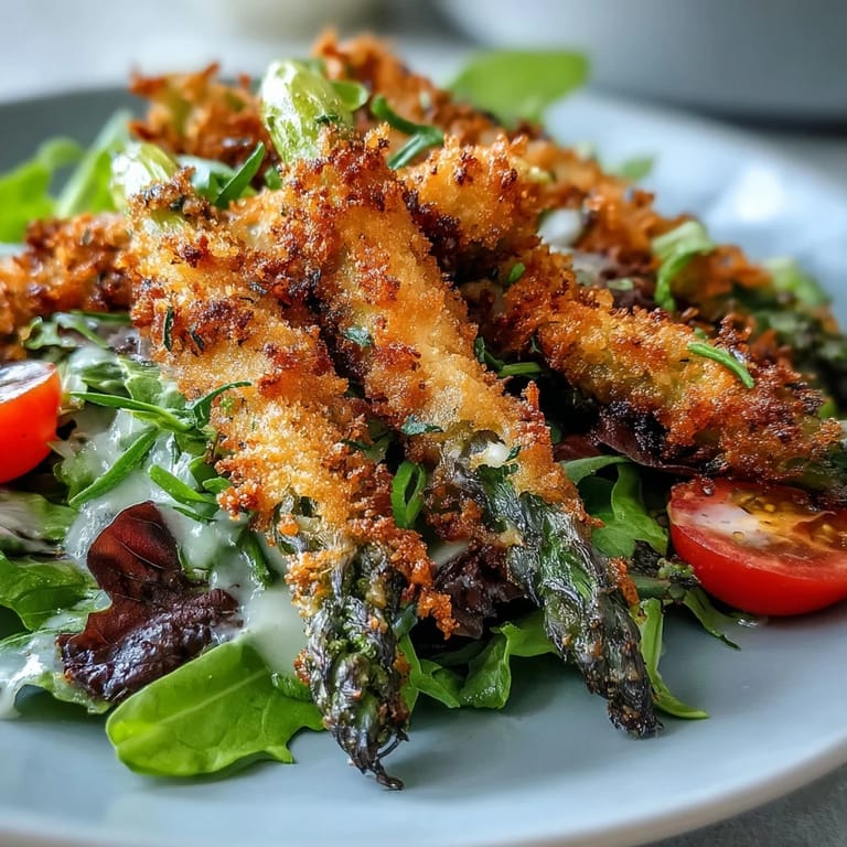 A close-up highlights the crunchy, crispy texture of the baked asparagus for the Crispy Parmesan Asparagus Chicken Salad beside tender shredded chicken.