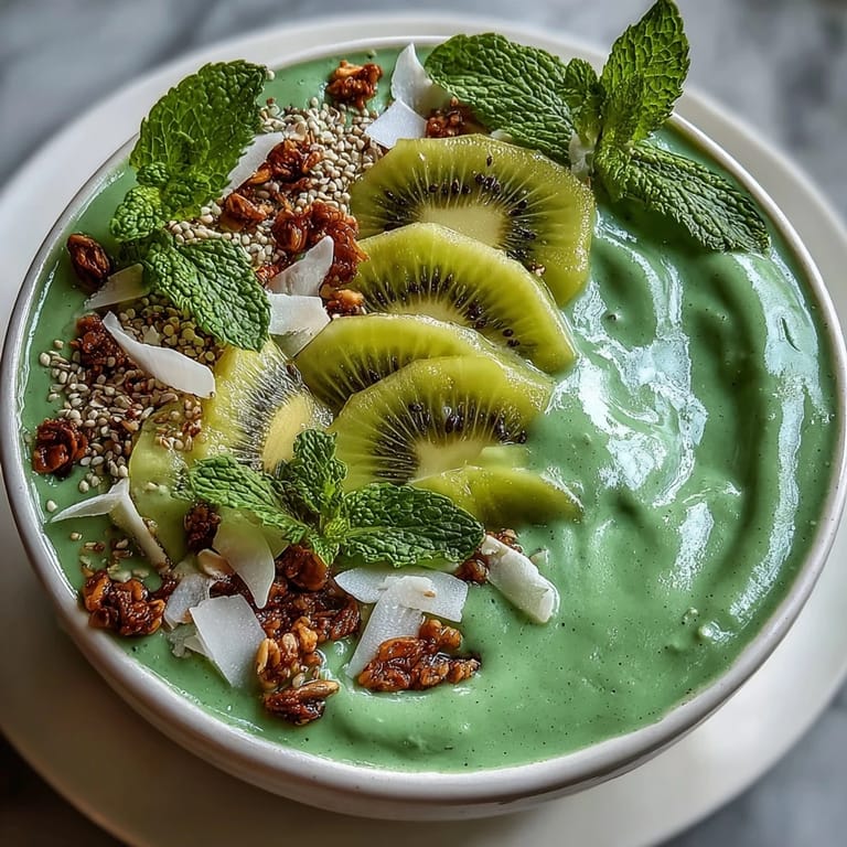 Creamy green smoothie base blended with spinach, mango, and pineapple, garnished with mango-chia topping and crunchy granola.  