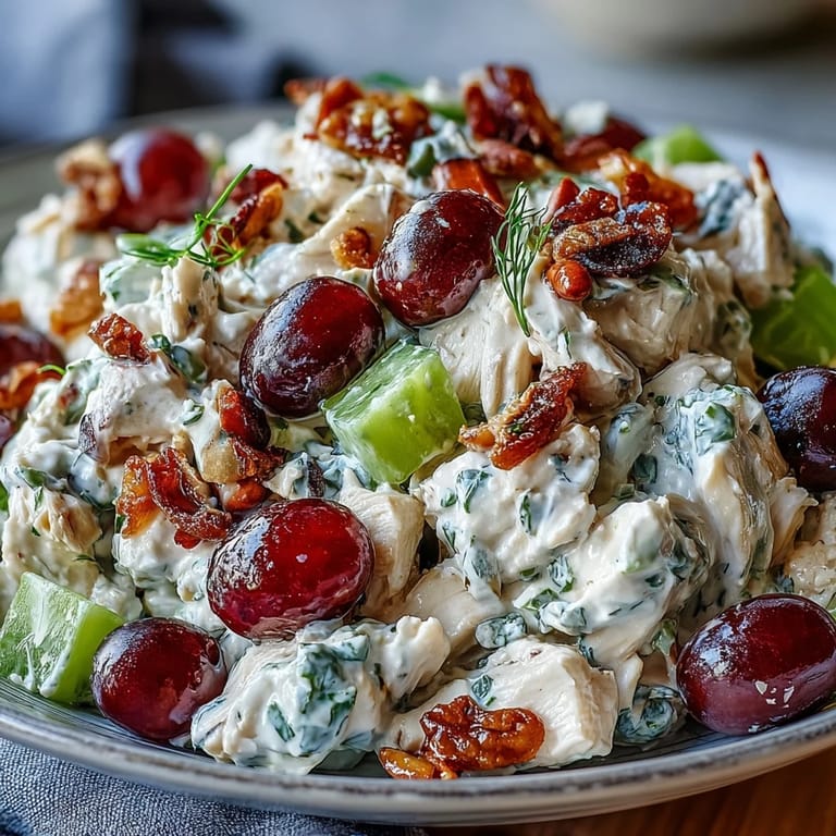 A colorful bowl of vegan chicken salad bursting with crisp celery, sweet red grapes, and dried cherries, perfect for picnics or light meals.