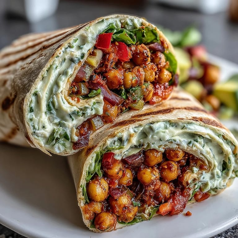 Hearty Spicy Chickpea and Avocado Wrap bursting with bold flavors, wrapped in a soft tortilla for a satisfying vegan lunch.