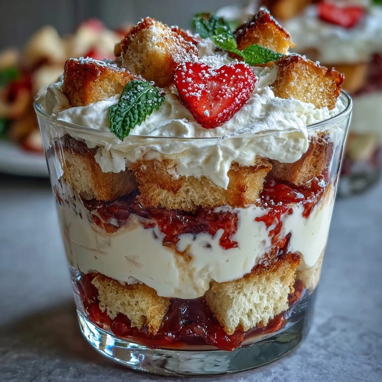 Layered Galentine's Strawberry Shortcake Trifle showcasing fresh sliced strawberries, pillowy whipped cream, and tender shortcake in a clear glass bowl.