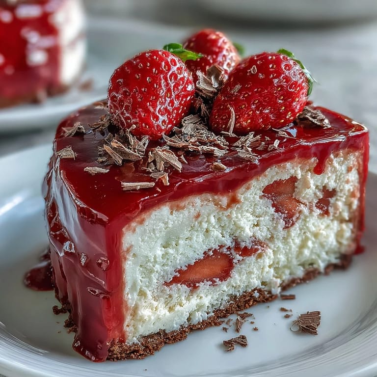 Layered Valentine's Day strawberry mousse cake featuring fresh strawberries, silky mousse, and a shimmering strawberry glaze for an elegant dessert.