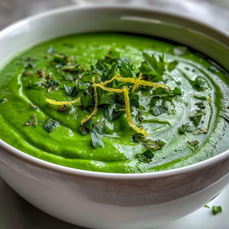 Creamy green detox vegetable soup with zucchini and peas, garnished with parsley and a swirl of olive oil.  