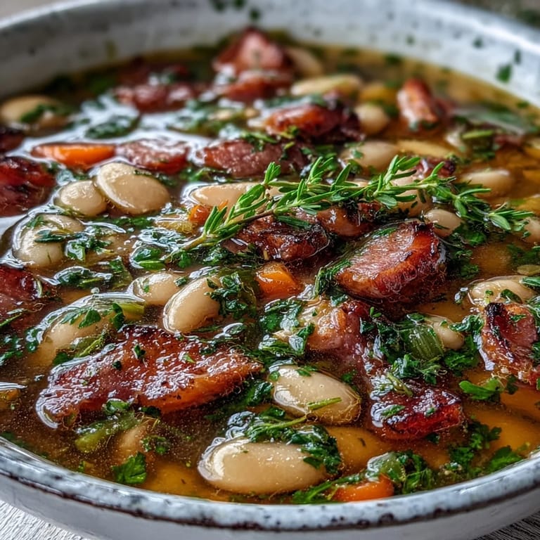 A rustic pot of hearty ham and cannellini bean soup with vibrant fresh herbs, served with crusty bread for dipping.