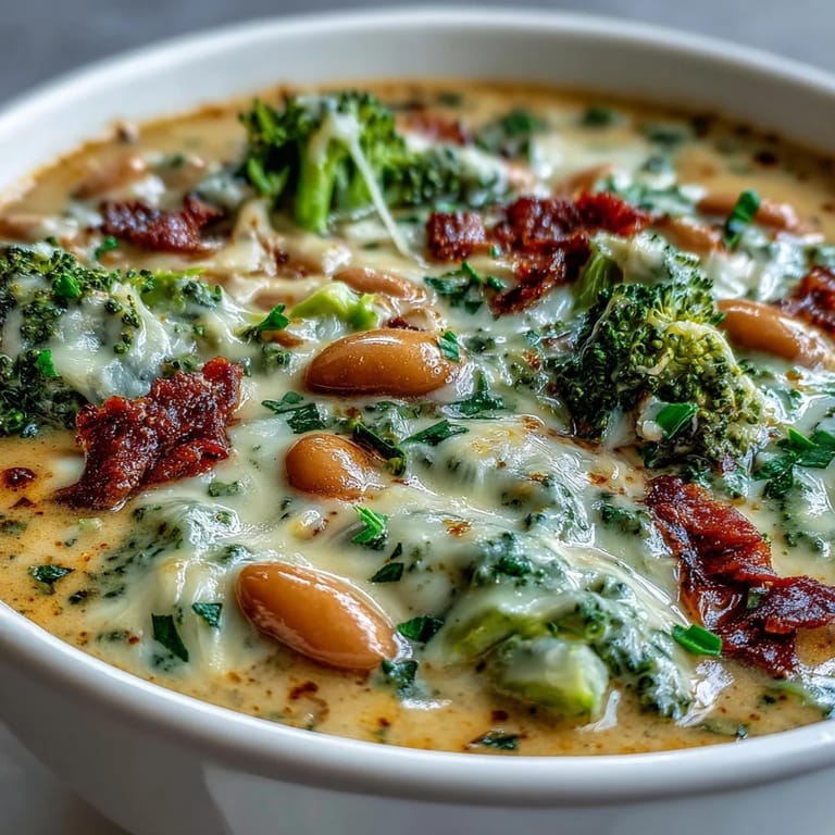 Close-up of creamy broccoli cheddar bean soup in a white bowl, showing its thick and velvety texture.