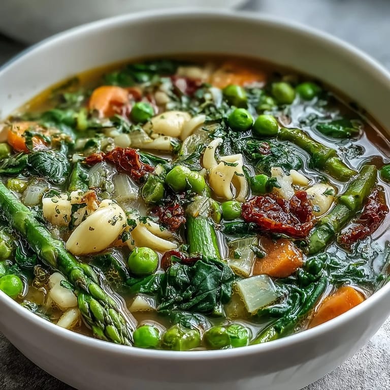 Colorful spring minestrone soup filled with seasonal vegetables, cannellini beans, and a hint of lemon zest for brightness.  