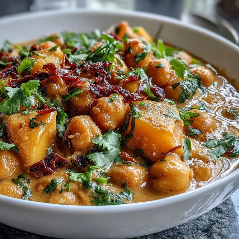 Vibrant curry with ripe mango, tender chickpeas, and rich coconut milk, served over fragrant jasmine rice. A colorful, nourishing vegan meal.