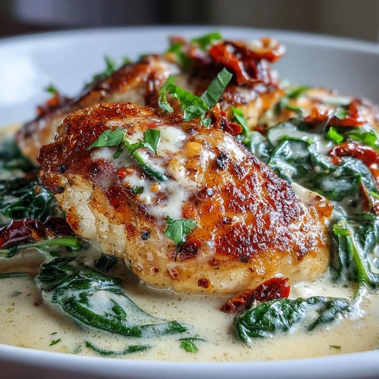 Golden-seared chicken breasts simmered in a luscious Parmesan cream sauce with wilted spinach and sun-dried tomatoes, perfect for keto dinners.
