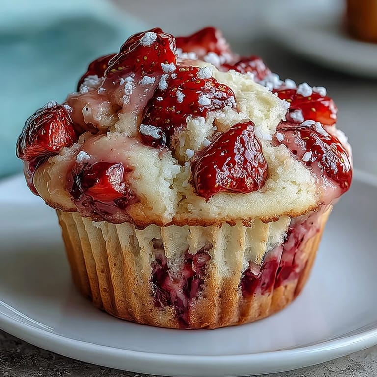 Homemade strawberry yogurt muffins topped with coarse sugar, perfect for brunch or a quick morning snack.  