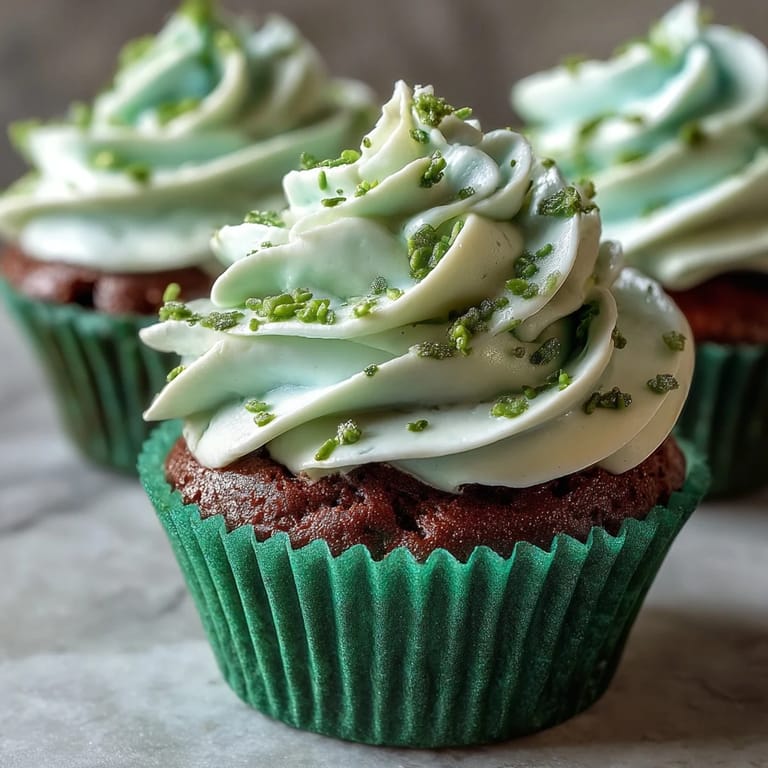 Rich green velvet cupcakes with swirls of vanilla frosting, decorated with shamrock candies for a cheerful St. Patrick's Day treat.