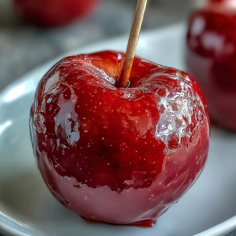 Glistening red candy-coated apples on wooden sticks—perfect for Halloween parties and festive gatherings.