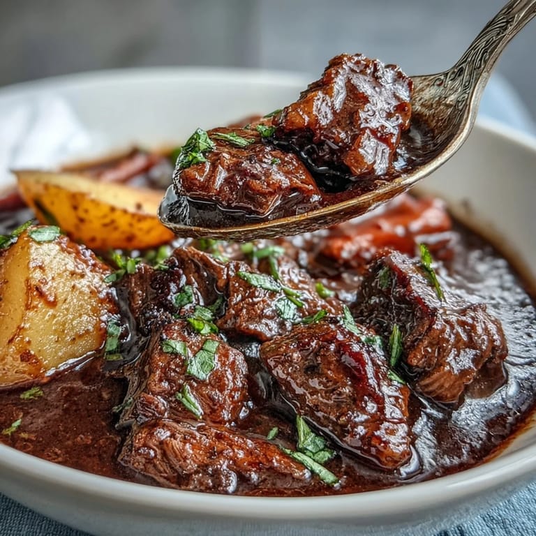 Cozy beef stew featuring browned chuck roast and seasonal vegetables simmered to perfection in a flavorful broth.