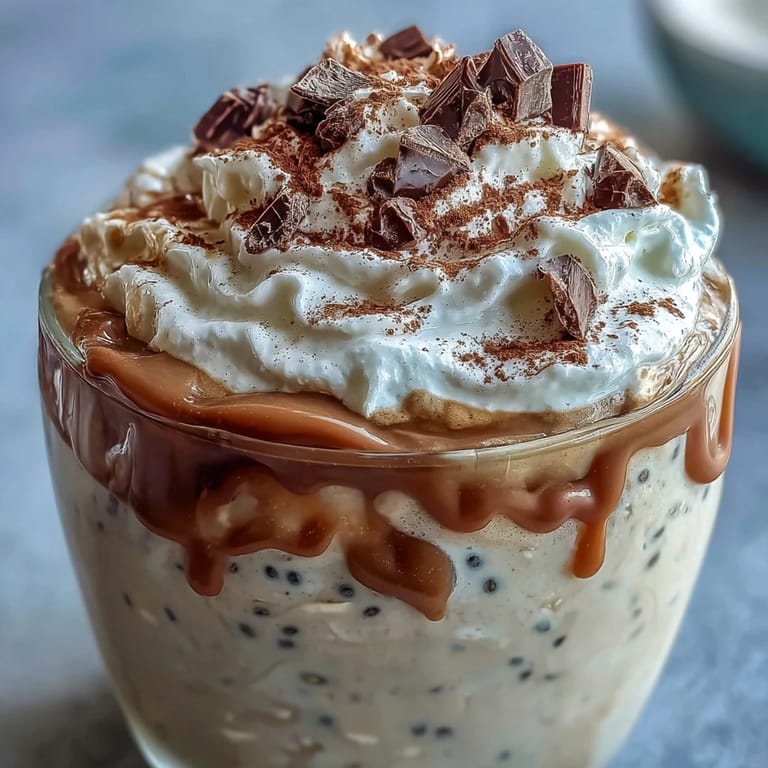 Coffee-infused vanilla overnight oats with chia seeds and Greek yogurt, chilled and garnished with caramel drizzle and espresso powder for a rich treat.