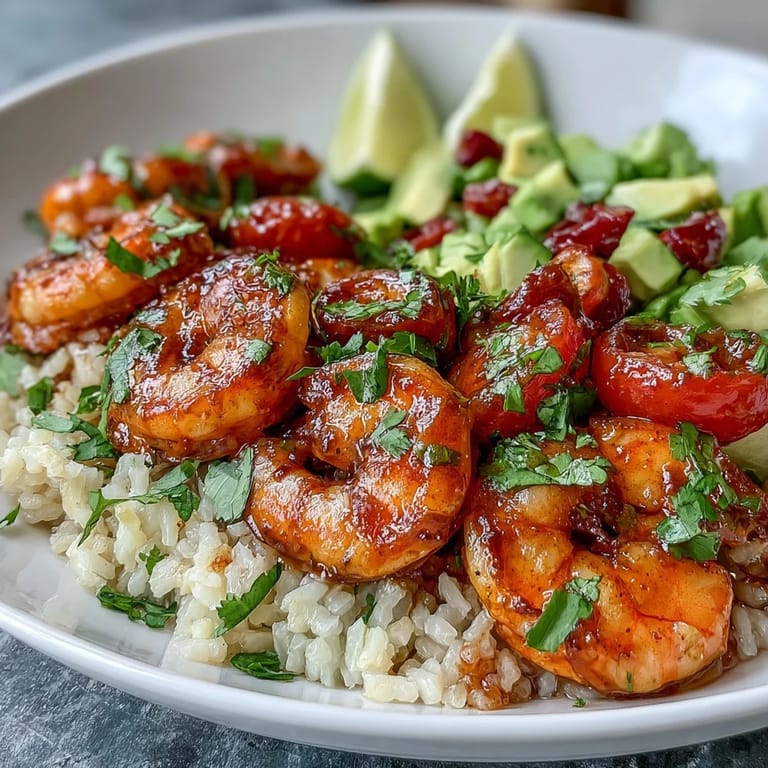 Succulent shrimp sautéed in zesty lemon and garlic, arranged on a bed of fluffy rice with colorful cherry tomatoes and cucumber.