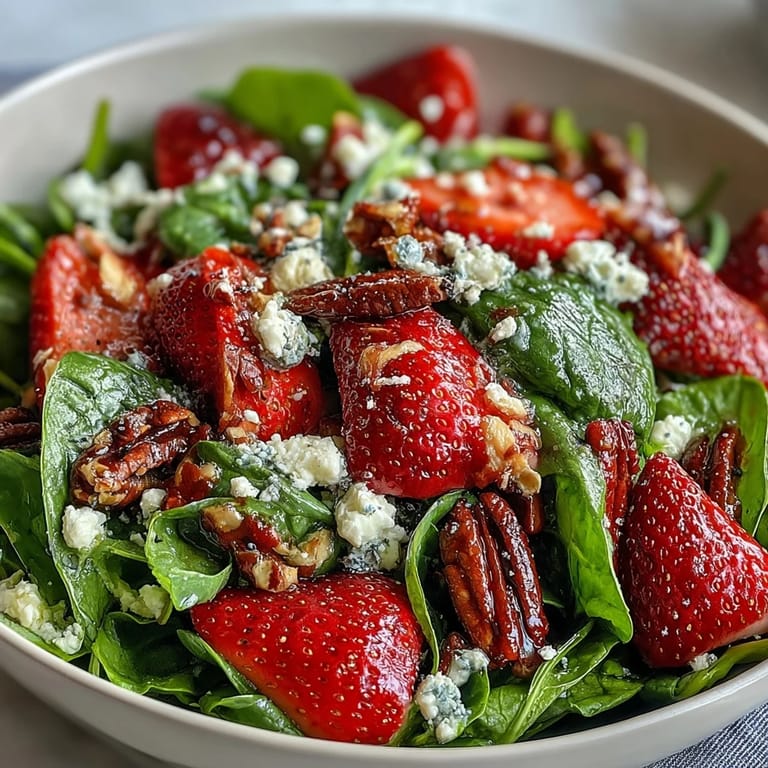 Healthy strawberry spinach salad with poppyseed dressing, combining juicy berries, crisp greens, and toasted almonds for a colorful, nutritious dish.