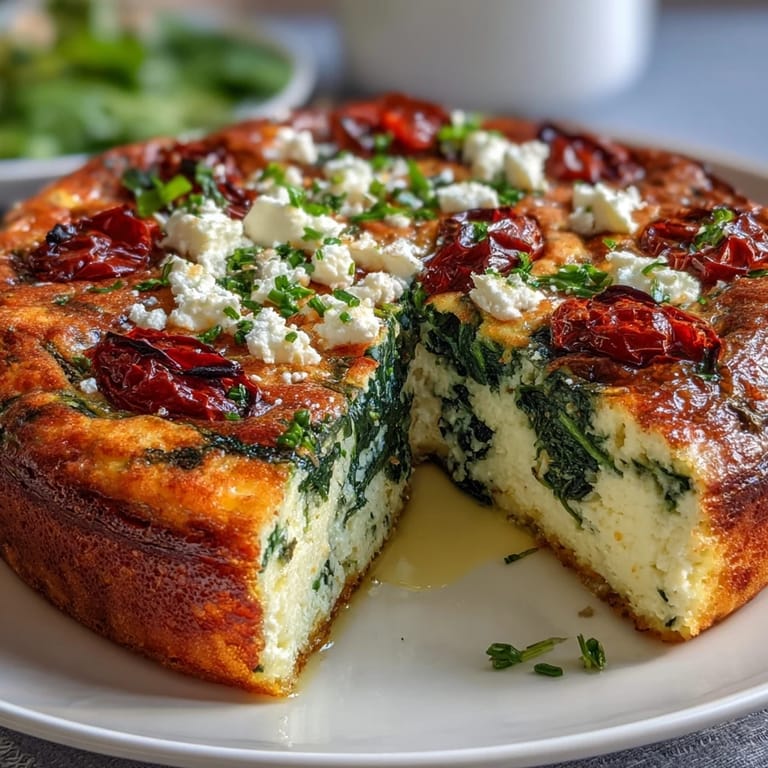 Golden-baked spinach and feta frittata featuring savory sun-dried tomatoes, ideal for a Mediterranean-inspired meal.