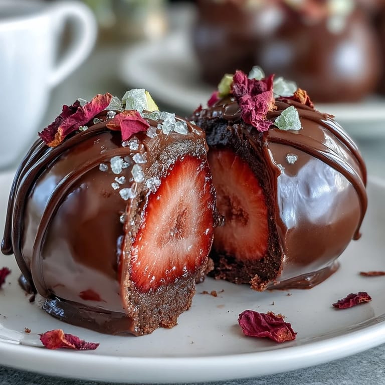 Decadent bite-sized strawberry truffles with rosewater and cardamom, dipped in rich dark chocolate for a Middle Eastern twist.