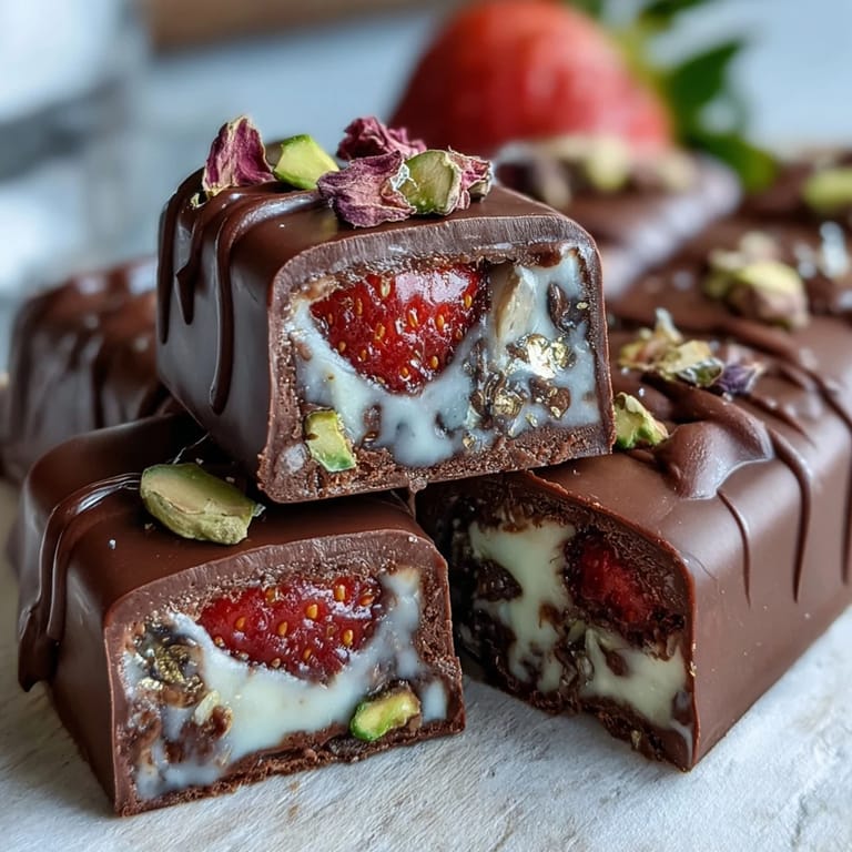 Luxurious Dubai-inspired chocolate bark layered with marbled chocolate, juicy strawberries, crunchy pistachios, and edible gold leaf.