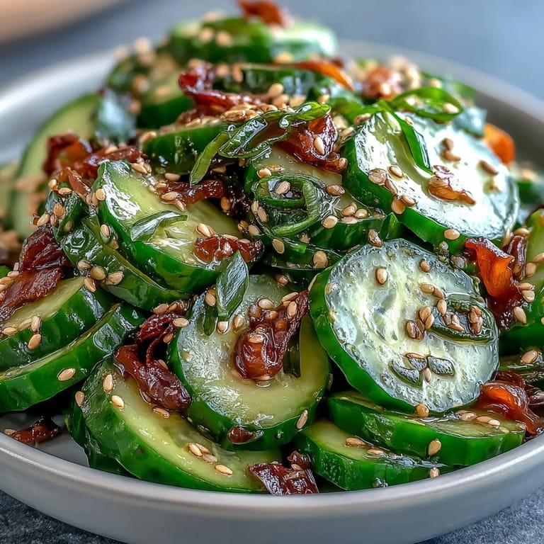 Refreshing Asian Cucumber Salad: thinly sliced cucumbers tossed in zesty rice vinegar dressing, perfect for a light appetizer or side dish.