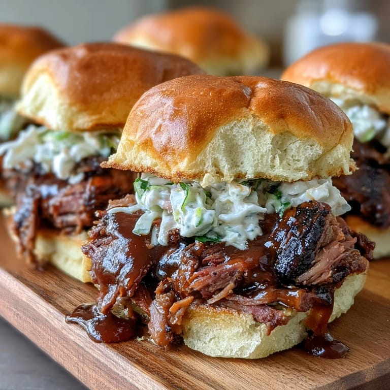 Smoky, juicy brisket piled high on toasted slider buns, topped with crunchy slaw and drizzled with sweet BBQ sauce.