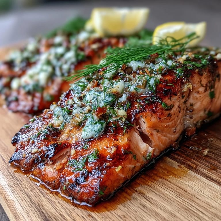 Tender salmon fillets grilled on cedar planks, smoky and fragrant with garlic, dill, and bright citrus notes.