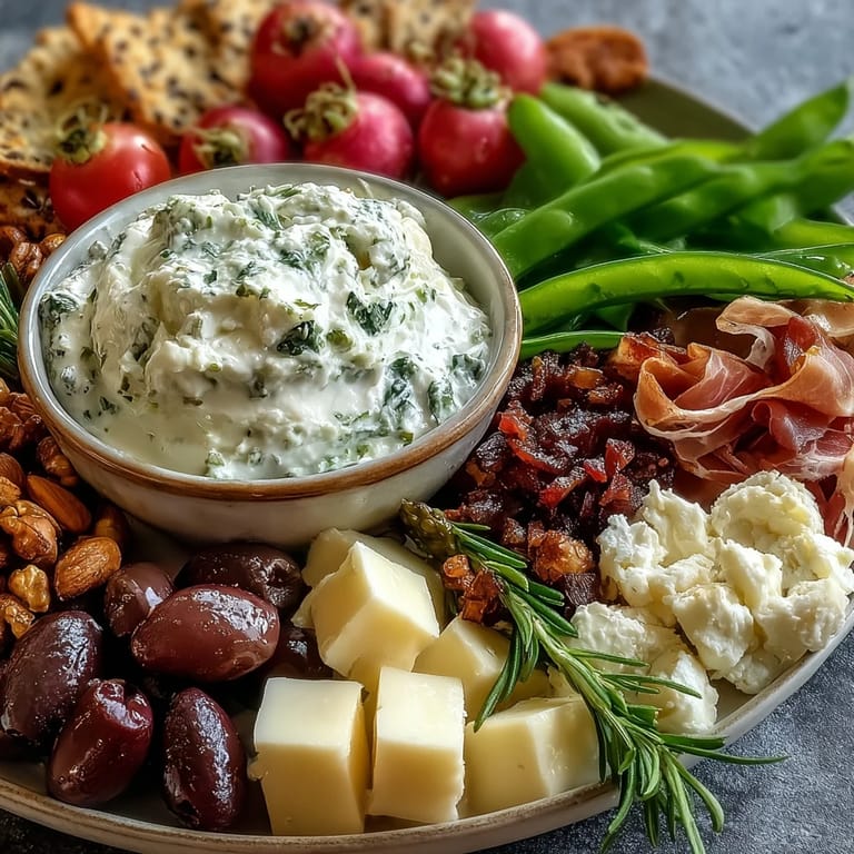 Fresh Spring Charcuterie Board with Radishes, Peas, and Herb Dip: Vibrant seasonal produce paired with savory meats and a zesty yogurt dip, perfect for sharing.  