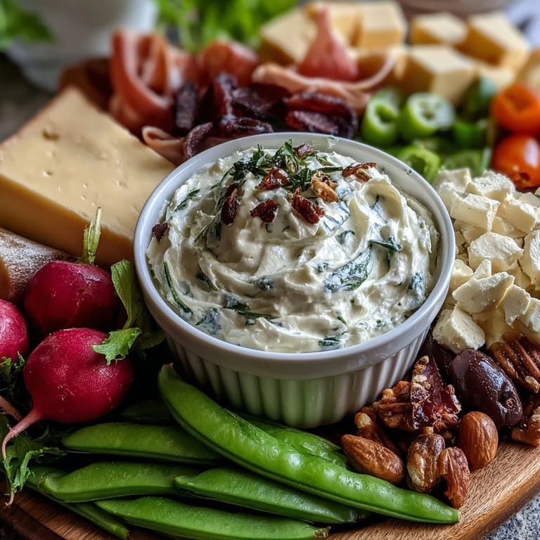 Charcuterie Board with Radishes, Peas, and Herb Dip: An inviting spread of fresh veggies, assorted cheeses, and tangy herb dip, ideal for spring gatherings.