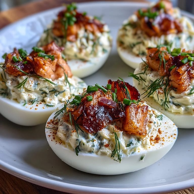 Smoked salmon deviled eggs topped with everything seasoning, perfect for brunch or holiday parties.