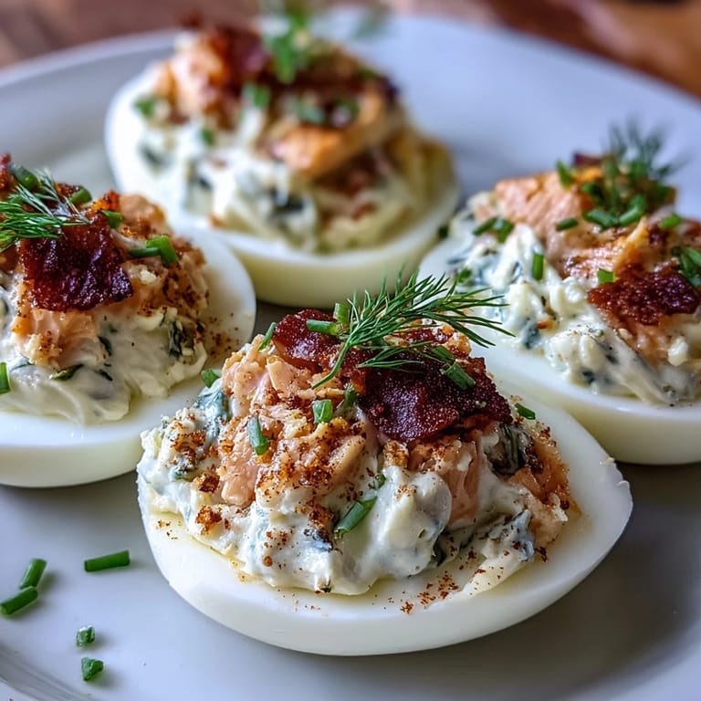 Elegant smoked salmon deviled eggs garnished with dill and everything bagel seasoning, ready to serve.