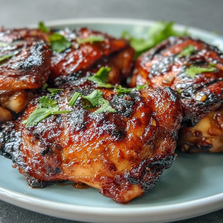 Spicy-sweet honey sriracha chicken thighs sizzling on the grill, with charred edges and vibrant garnish for a bold flavor.  
