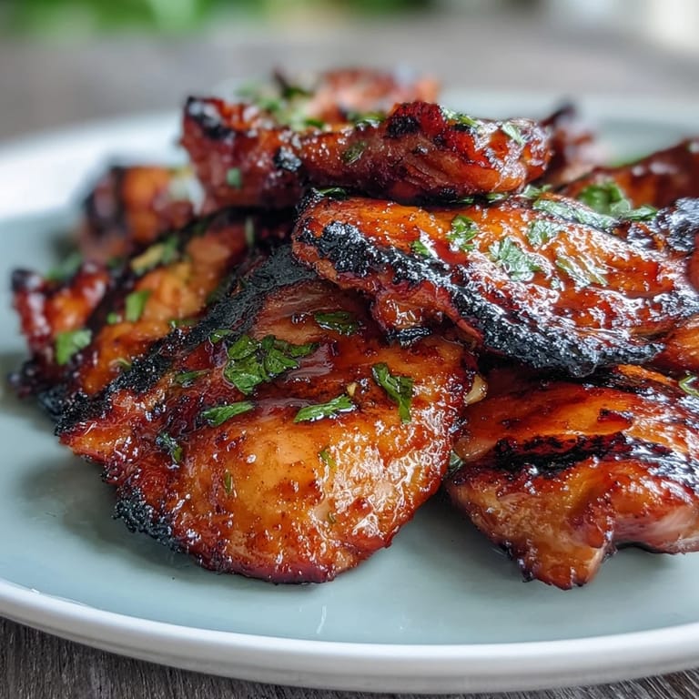 Close-up of honey sriracha grilled chicken thighs, golden-brown and sticky, garnished with fresh cilantro and toasted sesame seeds.