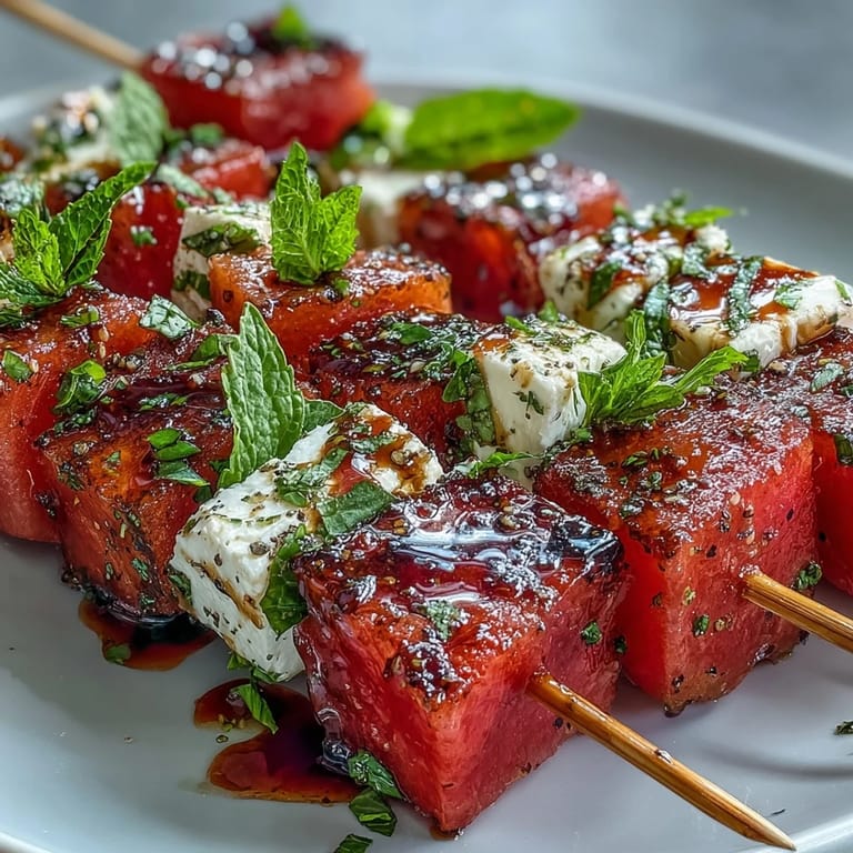 Juicy watermelon and tangy feta cubes on skewers, accented by fresh mint leaves, perfect for light Mediterranean snacking.