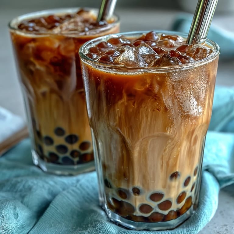 Homemade brown sugar boba pearls in a tall glass of milk tea, served with wide bubble tea straw.