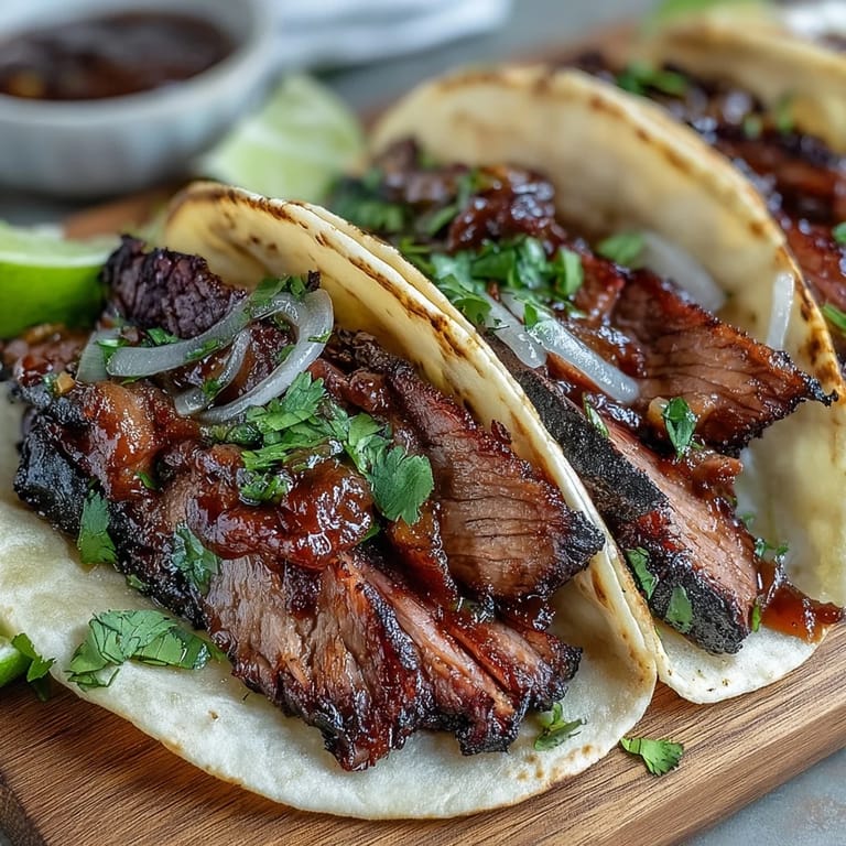 Juicy smoked brisket tacos, a flavor explosion with zesty pickled red onions.