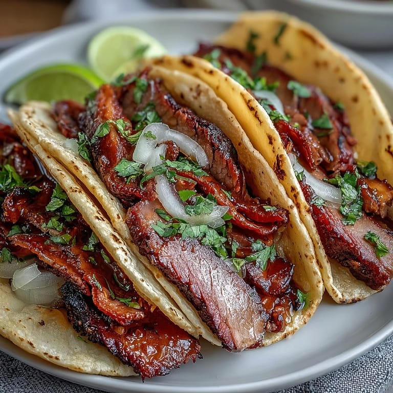 Savory smoked brisket tacos showcasing vibrant, quick-pickled red onions and lime.