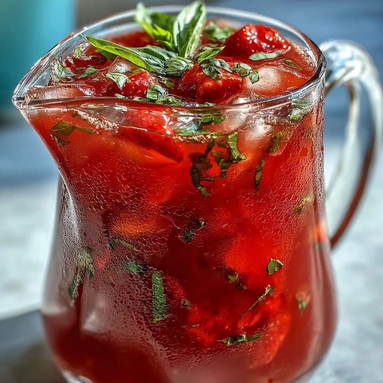 Full pitcher of Strawberry Basil Lemonade showcasing colorful fruit and herbs, perfect for summer days.