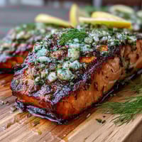 Cedar Plank Salmon with Garlic Dill sizzling on aromatic cedar, infused with fresh herbs and lemon zest.