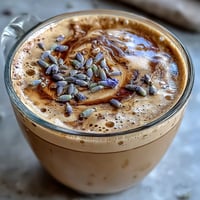 Creamy lavender oat milk latte with floral notes and rich espresso, served in a cozy mug with a sprinkle of dried lavender buds.